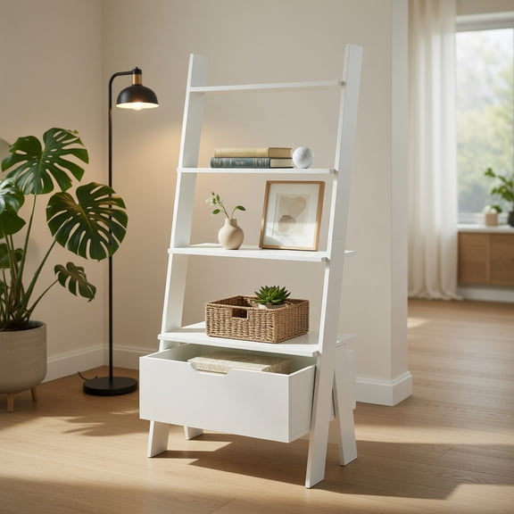 Resenkos Versatile Shelving Unit Bookcase,Bookcases,Bookshelves Corner Shelf,Ladder Shelf Desk with Countertop Drawer and Anti-Toppling Device-Oak