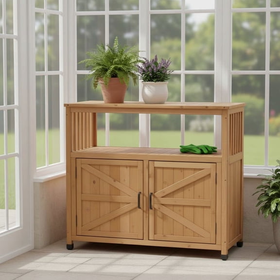 Resenkos Versatile Storage Sideboard Cabinet for Patio and Home, Outdoor Solid Wood Bar Table Set with Built-In Compartment, Light Brown