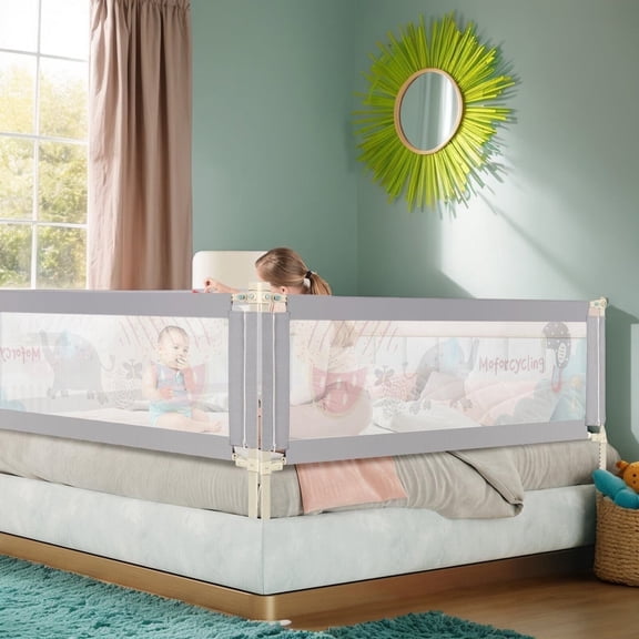 Resenkos Vertical Lifting Baby Bed Rail with Lock-L, Toddler Bed Bumper,  Grey