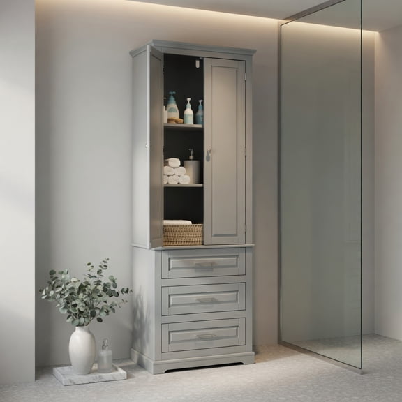 Resenkos Vertical Tall Multi Room Storage Locker Equipped With Three Full Extension Drawers and Customizable Inner Shelves, Anti Tip MDF Organizer Cabinet for Bathroom, Grey