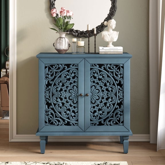 Resenkos Vintage Hollow-Carved Accent Cabinet, 2-Door Display Sideboard with Floral Design and Solid Wood Legs, Adjustable Shelf for Entryway, Antique Blue