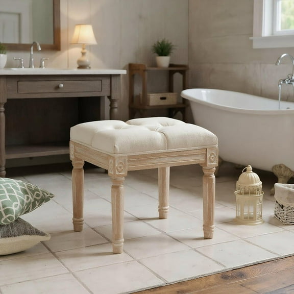 Resenkos Vintage Ottoman Bench Footrest - Button Tufted Seat, Carved Wooden Legs, Beige