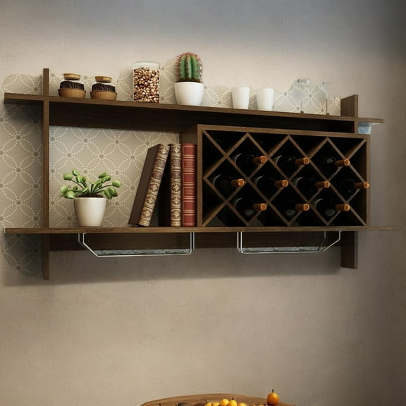 Resenkos Wall Mount Wine Rack with Glass Holder & Storage Shelf-Walnut, Wine Storage Racks, Bar Cabinet, for Kitchen Dining Room