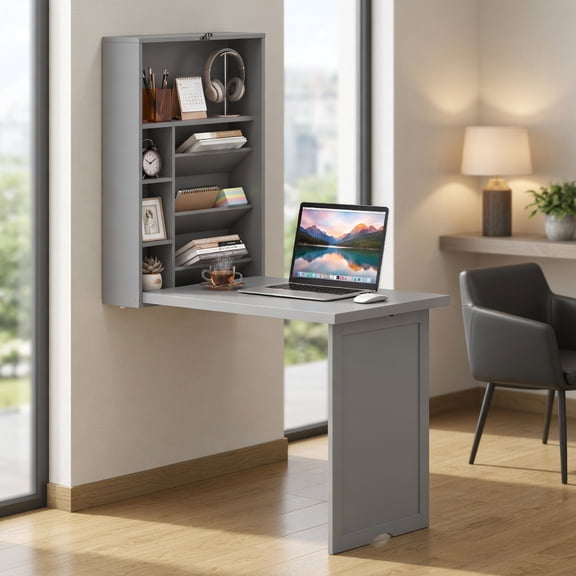 Resenkos Wall-Mounted Fold-Out Convertible Floating Desk Space Saver-Gray
