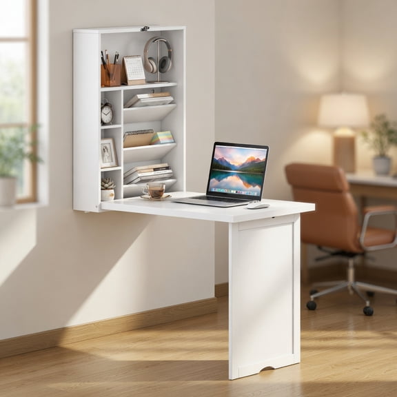 Resenkos Wall Mounted Fold-Out Convertible Floating Desk Space Saver-White