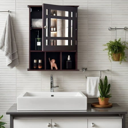 Resenkos Wall Mounted and Mirrored Bathroom Cabinet-Brown, Wall Cabinet for Bathroom Laundry Room Kitchen