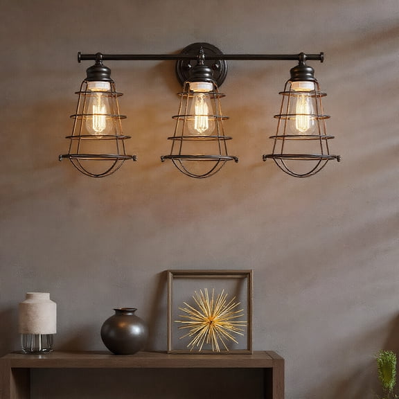 Resenkos Wall Sconce, LED Wall Light,3-Light Vanity Lamp Bathroom Fixture with Metal Wire Cage