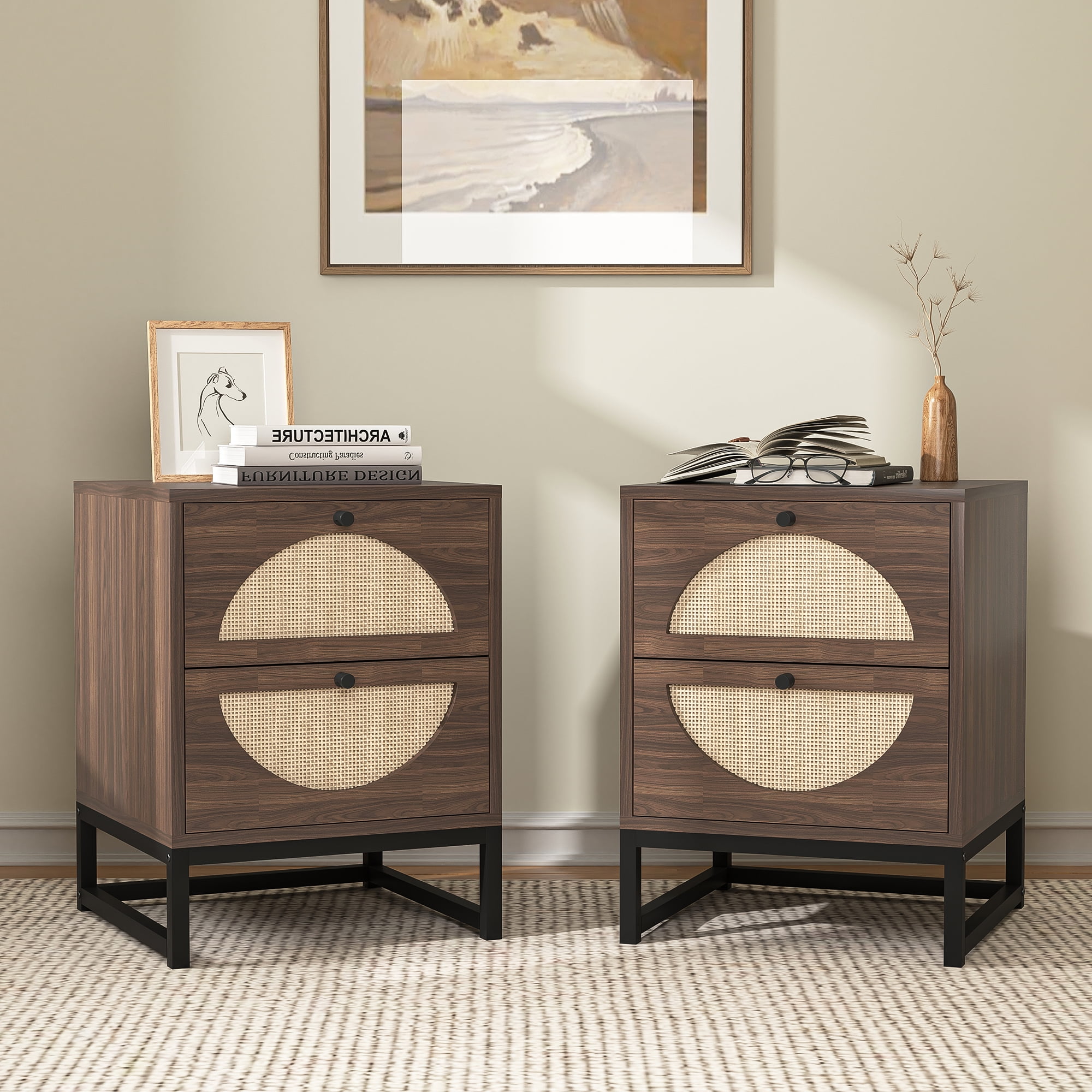 Resenkos Walnut Nightstand Set of 2 for Bedroom, Wood Rattan Night Stand Living Room