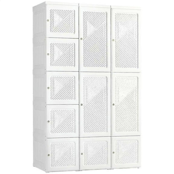 Resenkos Wardrobe Closet Cabinet, Clothes Storage Armoire Wardrobe,Clothes Storage Organizer with 8 Cube Compartments, 2 Hanging Rods, 11 Magnet Doors, White