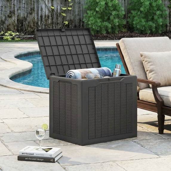 Resenkos Waterproof Patio Storage Container with Lockable Top, 25 Gallon Wicker Pattern Deck Box for Cushions Tools and Pool Accessories, Black
