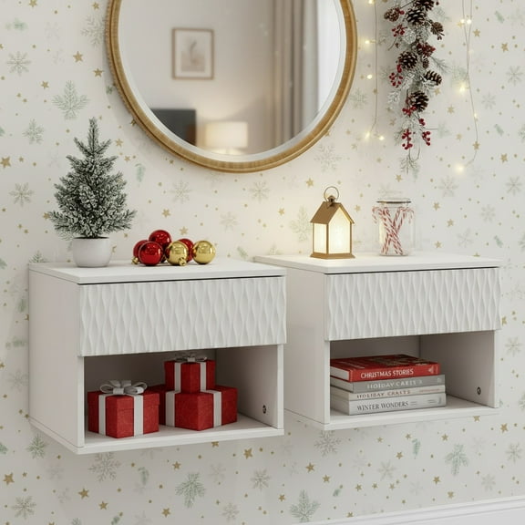 Resenkos Wavy-Textured Double-Mounted Wall-Mounted Floating Bedside Table, Modern Cabinet Drawer Insert for Bedroom/Bathroom Storage, Black