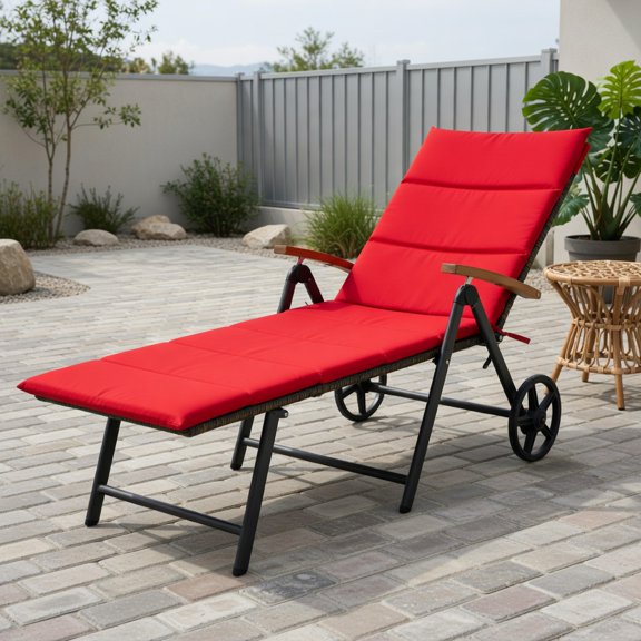 Resenkos Wheeled Adjustable Outdoor Rattan Chaise Lounge Chair, 7Position Reclining Backrest, HeavyDuty RustFree Aluminum Frame, 385 lb LoadCapacity for Beach Patio, Red