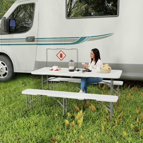 Resenkos White 6FT 3 PCS Portable Camping Table and Chairs, Folding Picnic Table Bench Set with Carrying Handles, for BBQ, Party