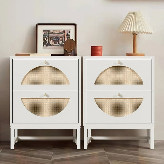 Resenkos White Nightstand Set of 2 for Bedroom, Wood Rattan Bedside Table Living Room End Table