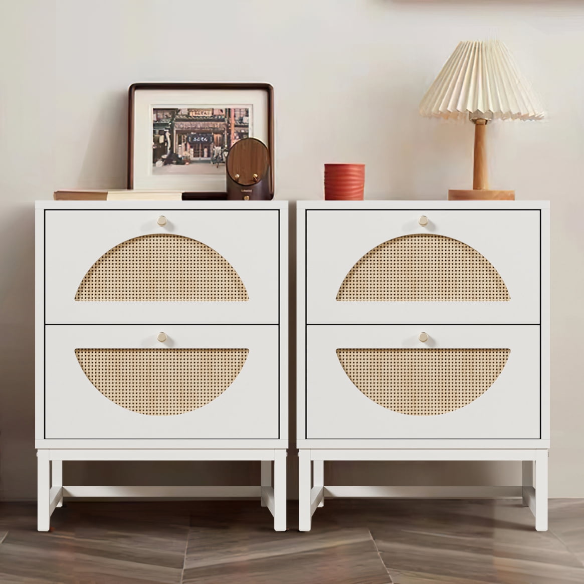 Resenkos White Nightstand Set of 2 for Bedroom, Wood Rattan Bedside Table Living Room End Table
