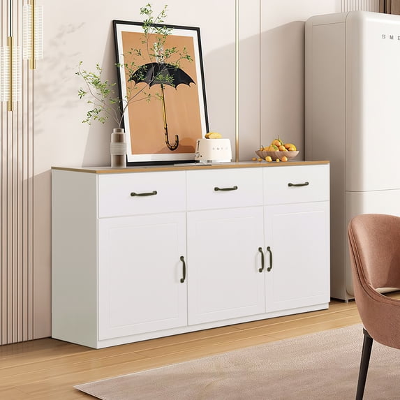Resenkos White Sideboard Buffet Cabinet with 3 Drawers and 3 Doors Adjustable Shelves Buffet Server for Kitchen Dining Room