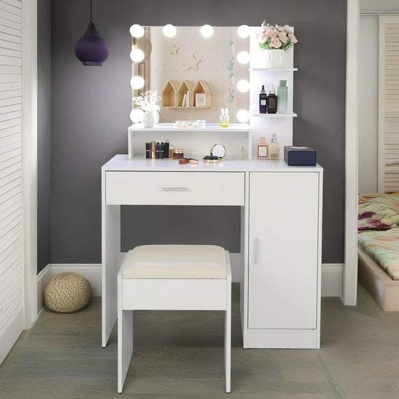 Resenkos White Vanity Desk Set with Lighted Mirror and Stool for Makeup, 1 Drawers Storage Vanity Table for Bedroom Furniture