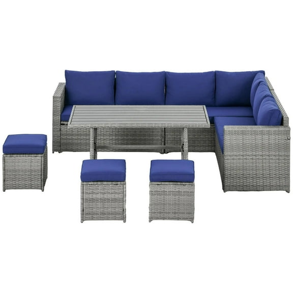 Resenkos Wicker Outdoor Patio Furniture Set, L-Shaped 7 Pieces Outdoor Dining Sectional Sofa, Blue