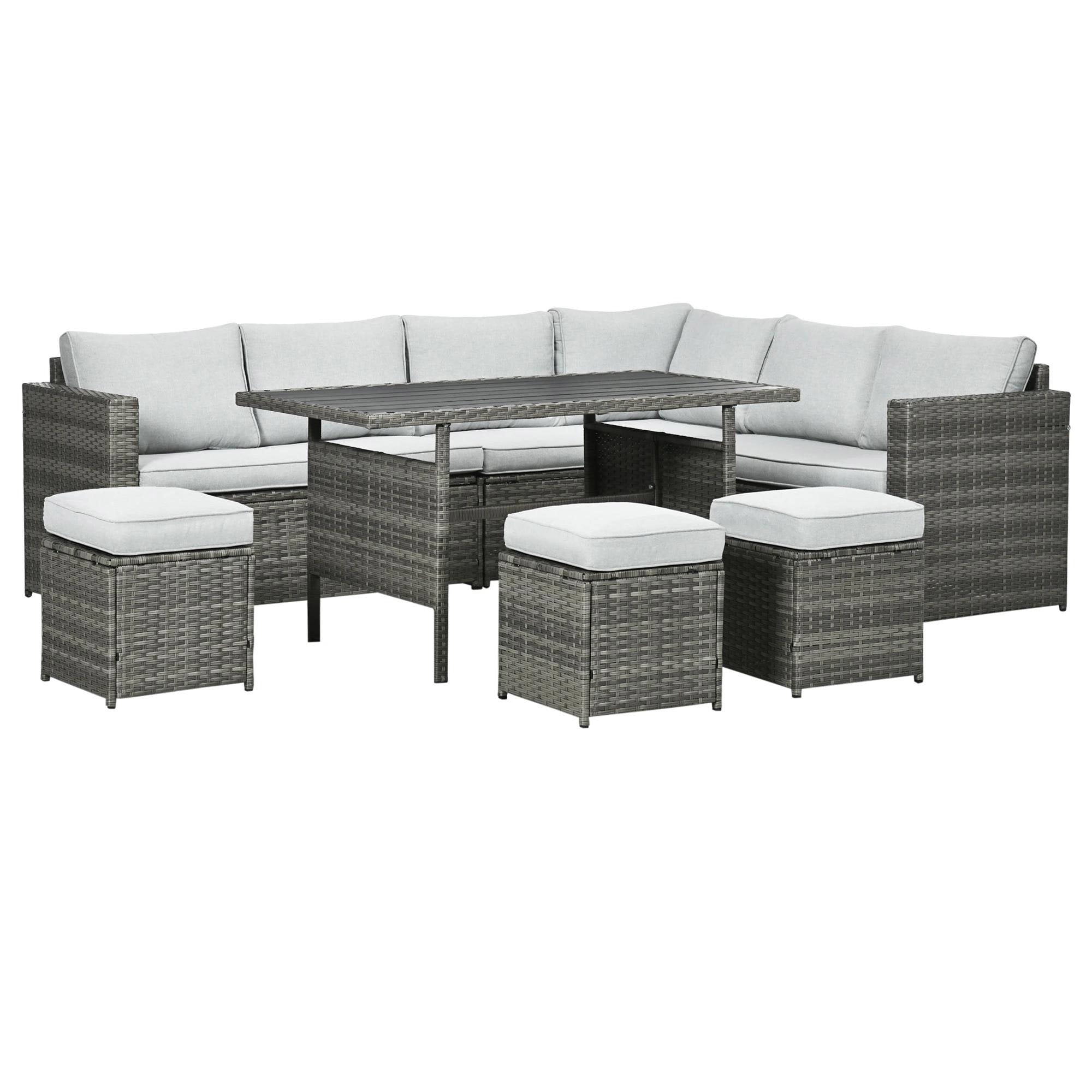 Resenkos Wicker Outdoor Patio Furniture Set, L-Shaped 7 Pieces Outdoor Dining Sectional Sofa, Gray
