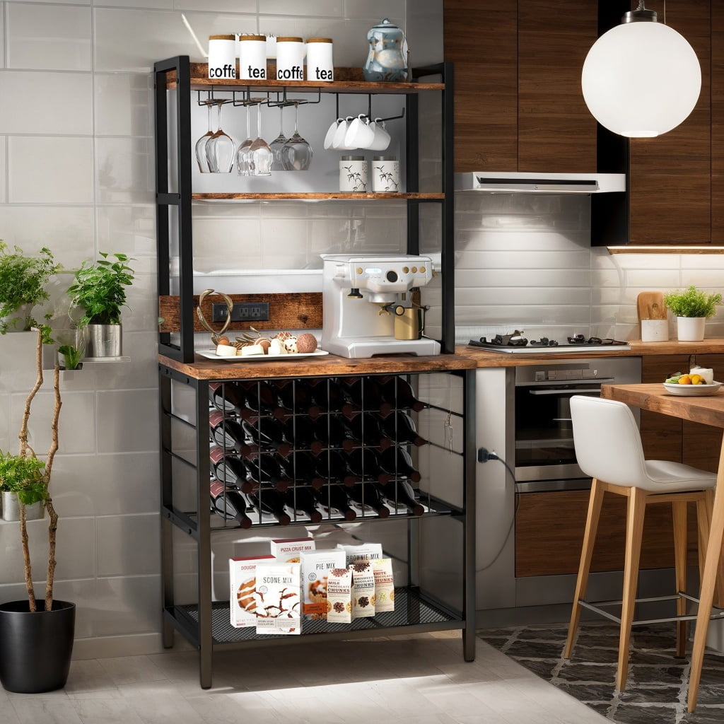 Resenkos Wine Bar Cabinet Wine Rack with 4 Tier Storage Shelves and Glass Holders-Brown, Wine Storage Racks, Bar Cabinet, for Kitchen Dining Room