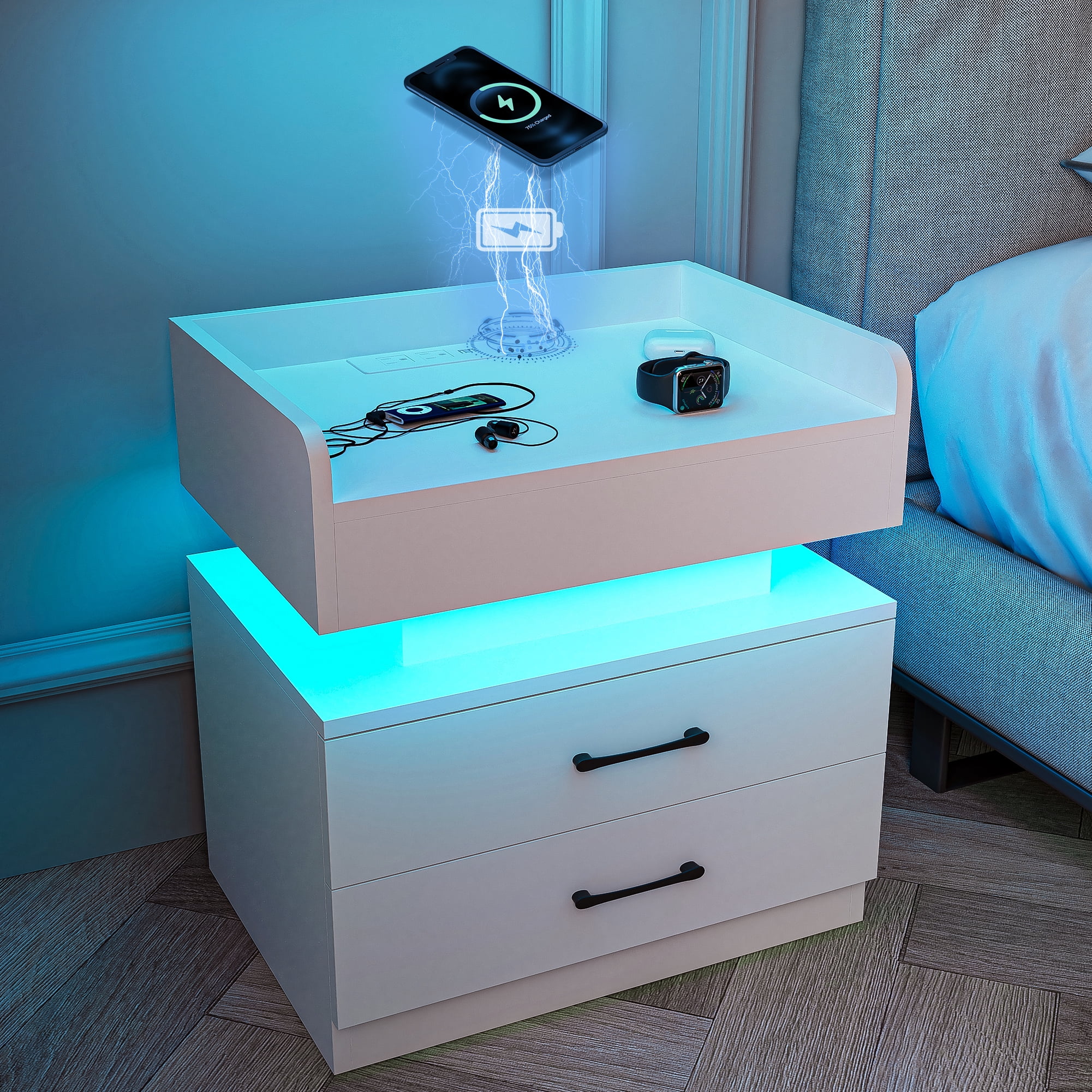 Resenkos Wireless Charging Nightstand with 2 Drawers and Remote Control LED Light, White
