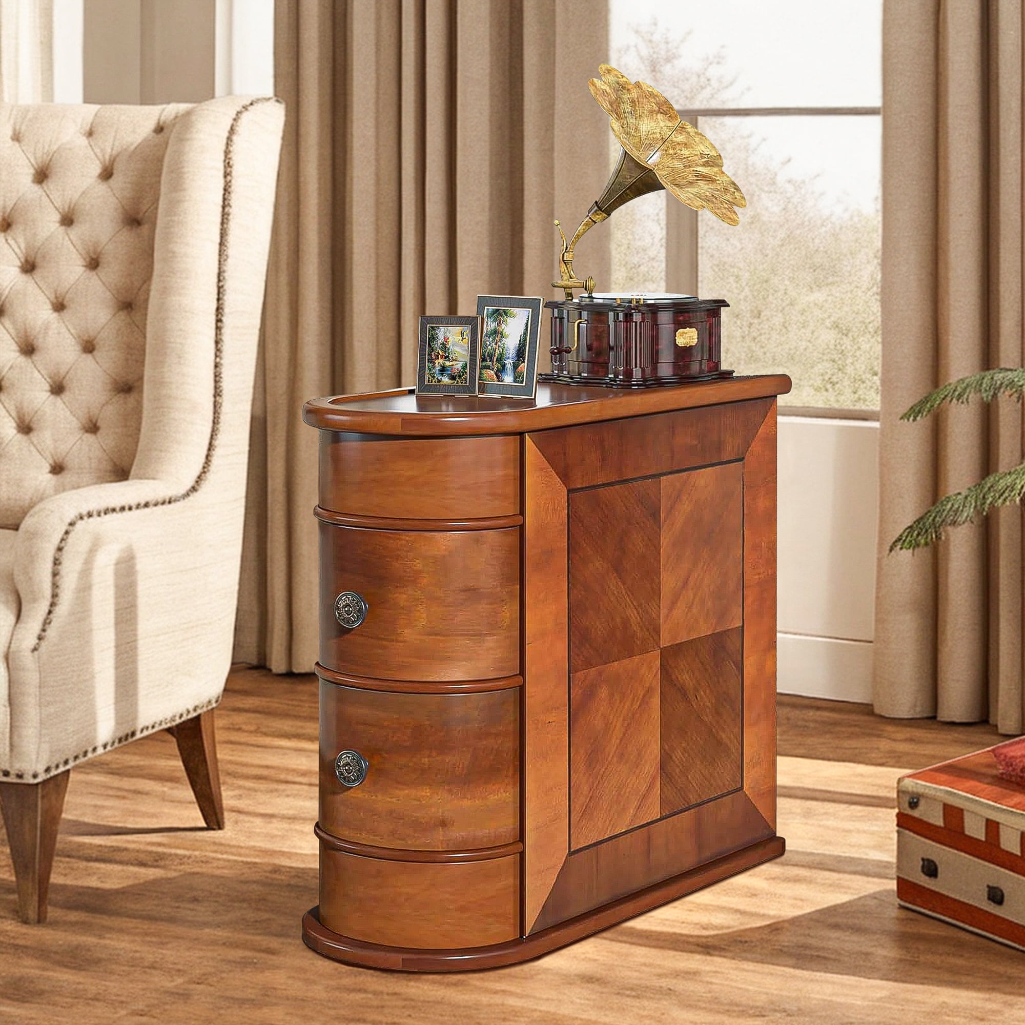 Vintage Oak Slim End Table with 2 Drawers