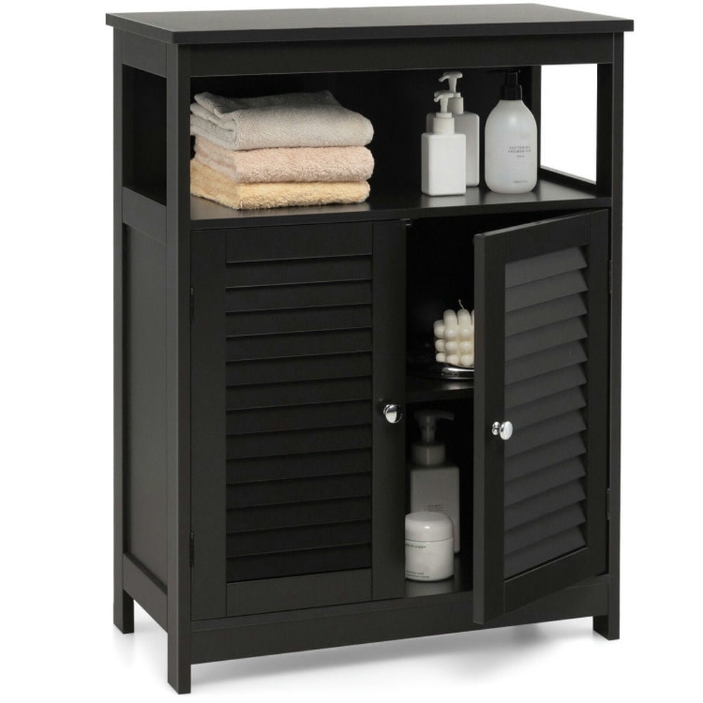 Resenkos Wood Freestanding Bathroom Storage Cabinet with Double Shutter Door-Black, Bathroom Cabinets for Entryway Storage, Home Office Furniture