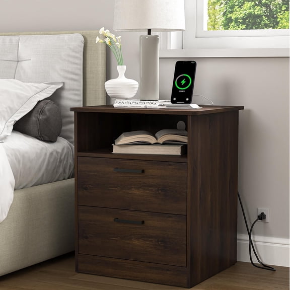 Resenkos Wood Nightstand With Charging Station, Bedside Table With 2 Drawers, Night Stand With Storage For Bedroom, Brown