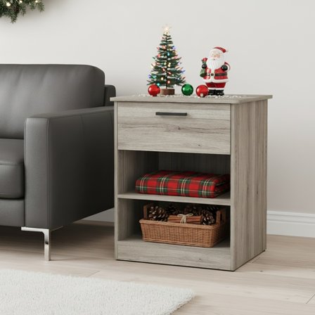 Resenkos Wood Nightstand With Charging Station, Bedside Table With Wood Drawers And Open Shelf, Night Stand With Storage For Bedroom, Gray