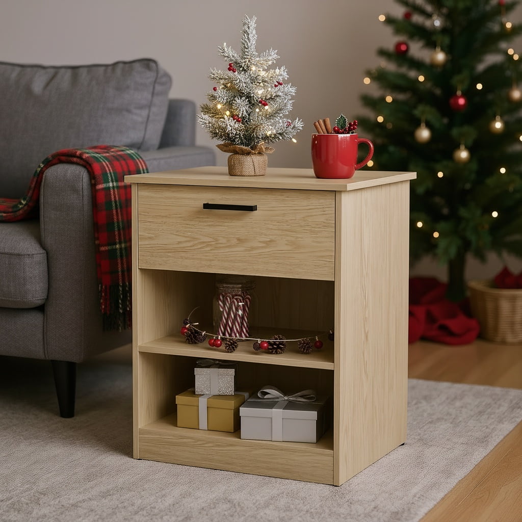 Resenkos Wood Nightstand With Charging Station, Bedside Table With Wood Drawers And Open Shelf, Night Stand With Storage For Bedroom, Light Brown