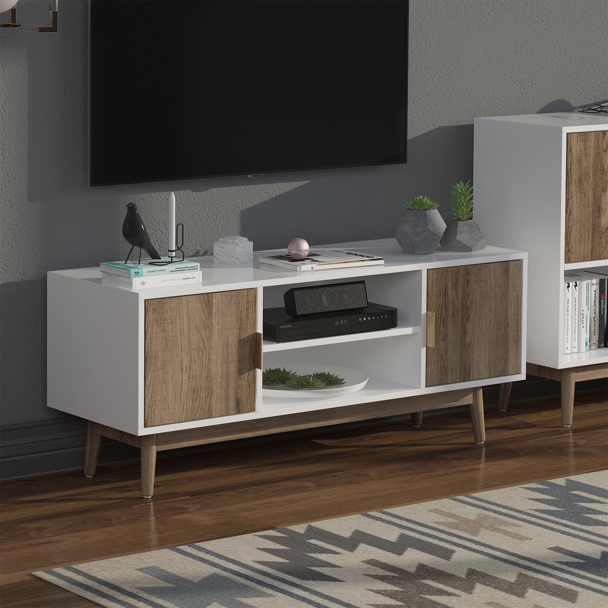 Resenkos Wood TV Stand, Modern TV Console Adjustable Storage Cabinet for Living Room