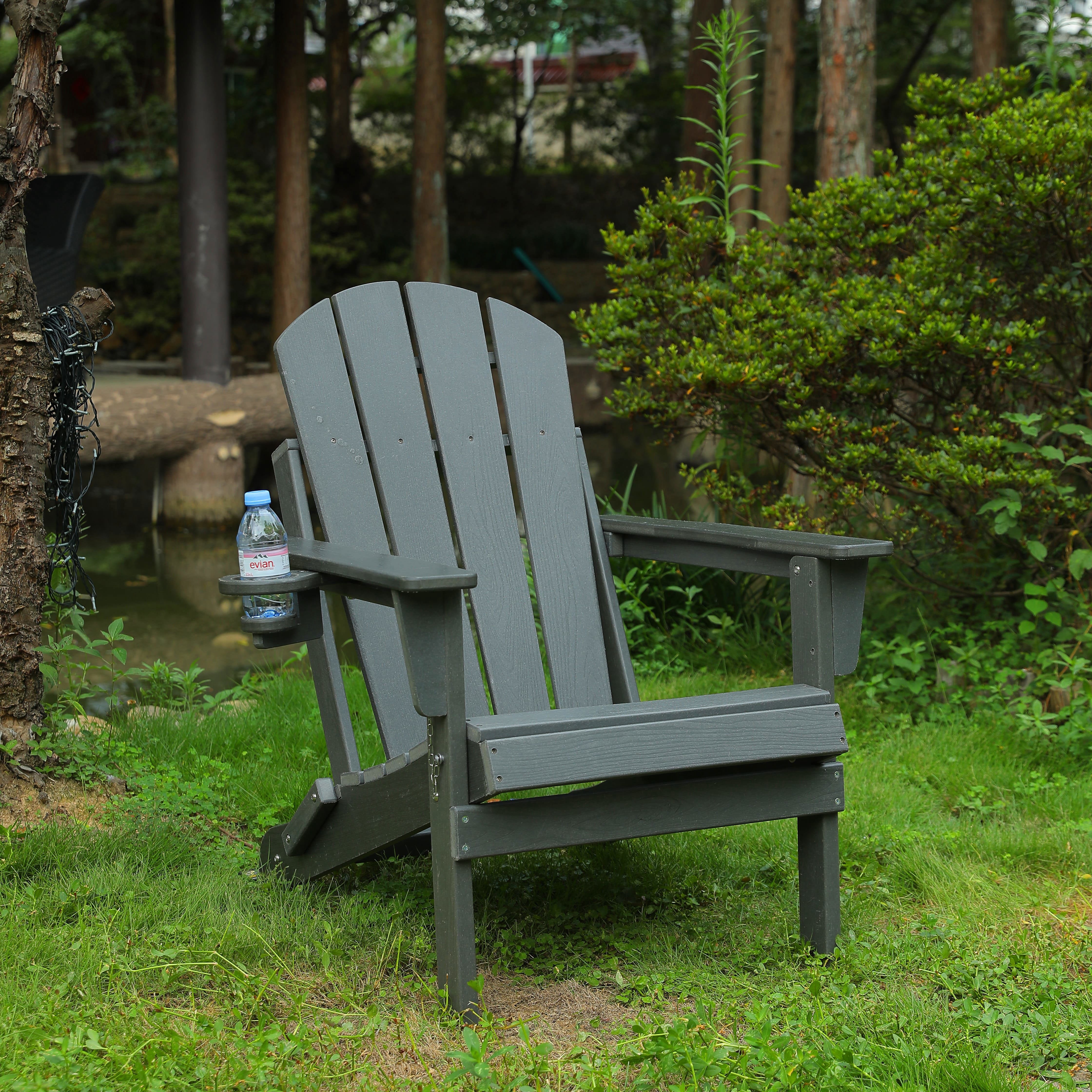 Resenkos Wood Texture Composite Patio Seats with Dual Cup Holders, HDPE Foldable Adirondack Chairs for Outdoor and Garden Space, Gray