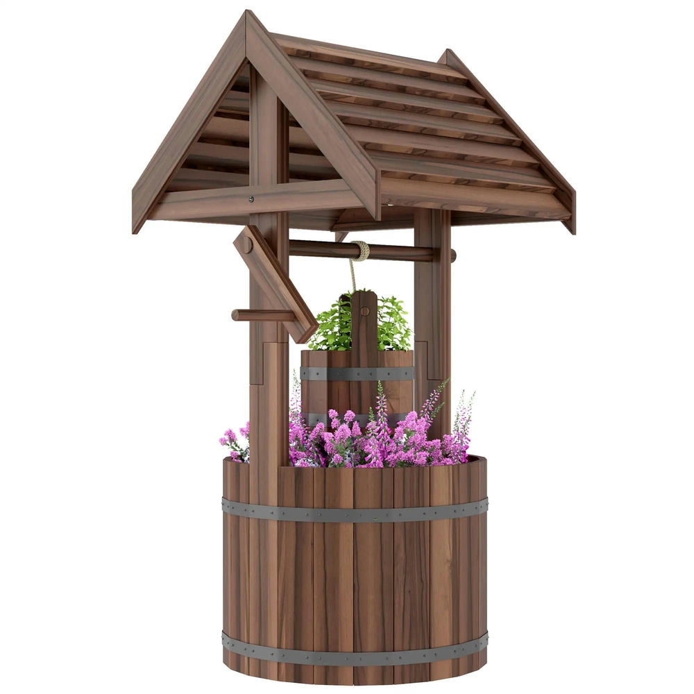 Resenkos Wood Wishing Well for Outside with Hanging Bucket, Wishing Well Planter with Drain Hole for Garden Patio, Carbonized Resenkos Wood Wishing Well for Outside with Hanging Bucket, Wishing Well Planter with Drain Hole for Garden Patio, Carbonized