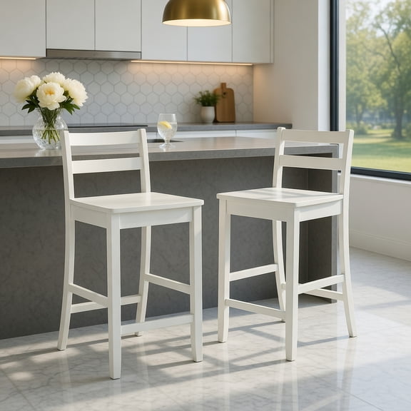 Resenkos Wooden Bar Stools Set of 2 with Ergonomic Backrest and Footrest-White, Bar Height Stools, Bar Stools for Kitchen Island for Kitchen, Dining Room