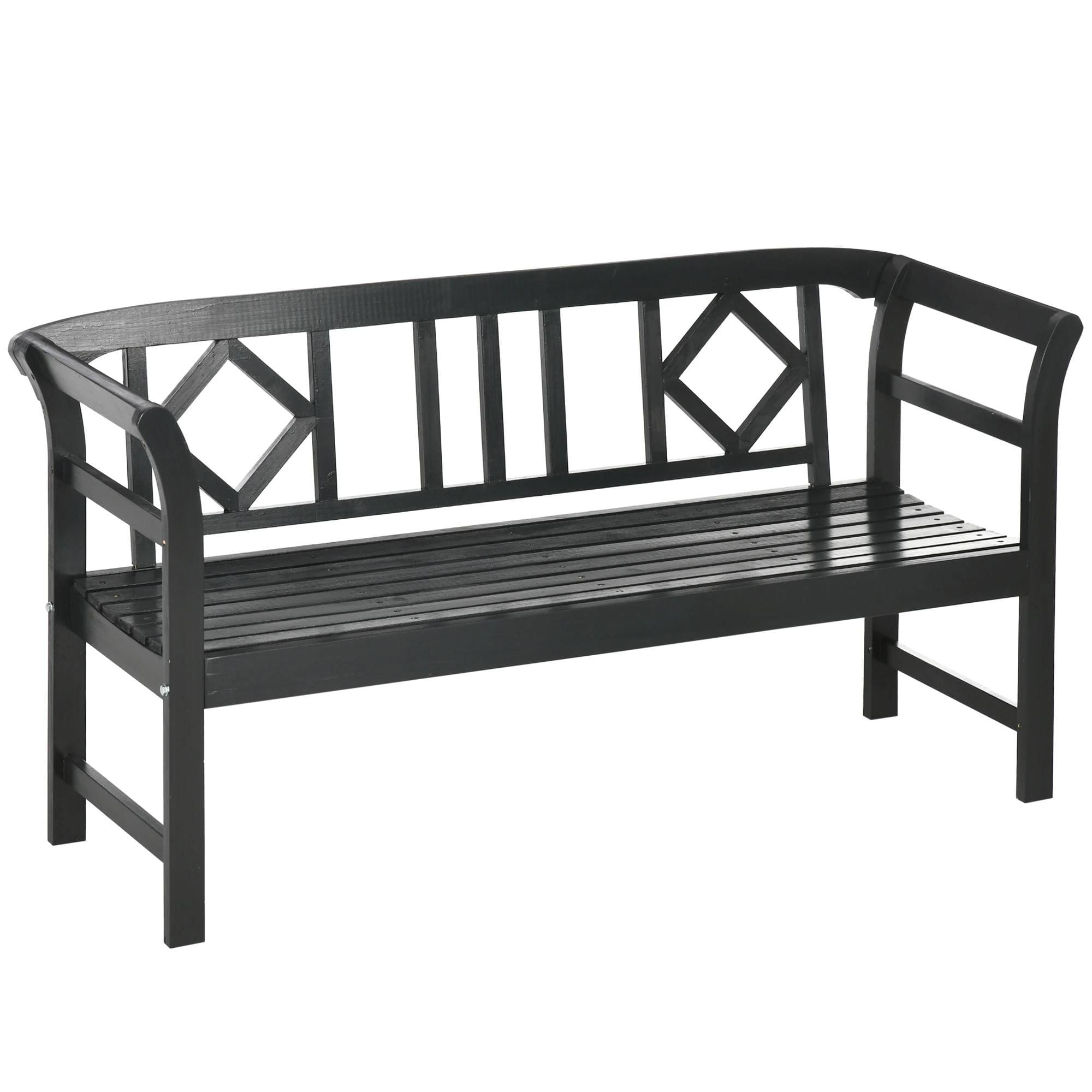 Resenkos Wooden Bench, Rustic Diamond Pattern, 3-Seater Outdoor Porch Bench, Comfortable Back & Armrests, Perfect for Garden,Black