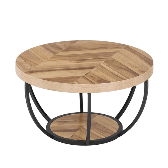 Resenkos Wooden Coffee Table, 2-Tier Round Central Cocktail Table with Shelves,Natural