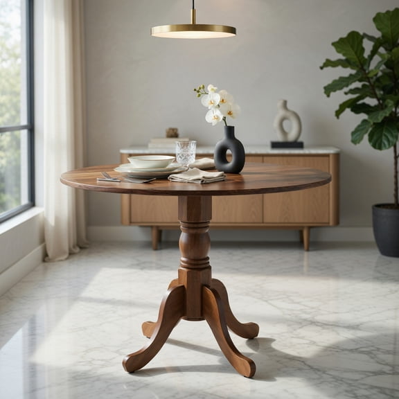 Resenkos Wooden Dining Table with Round Tabletop and Curved Trestle Legs-Walnut, Dining Table, Kitchen Bar Height Table and Chairs for Dining Room, Small Space