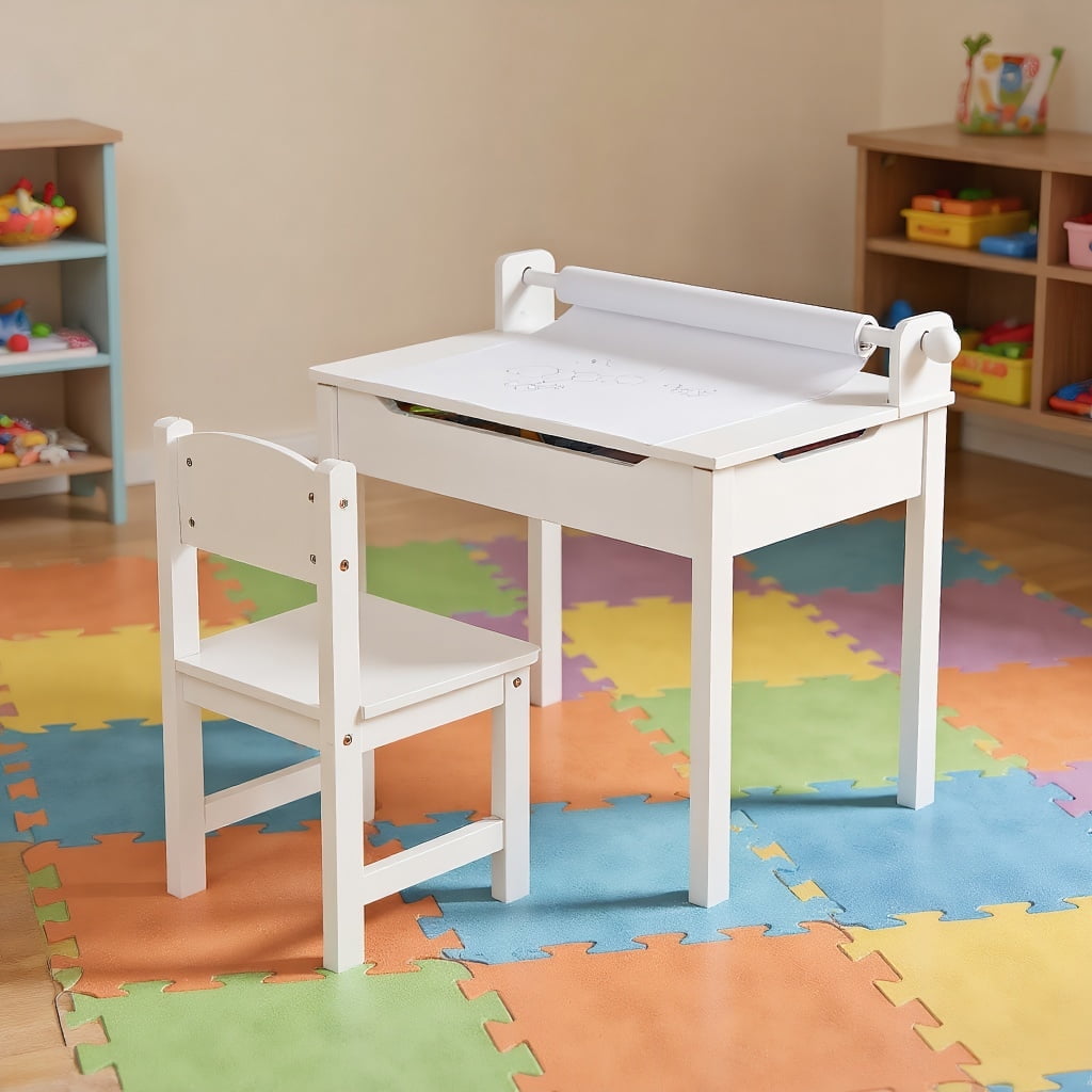 Resenkos Wooden Kids Table and Chair Set with Storage and Paper Roll Holder-White, Small Folding Table for Arts & Crafts, Snack Time, Homeschooling, Homework