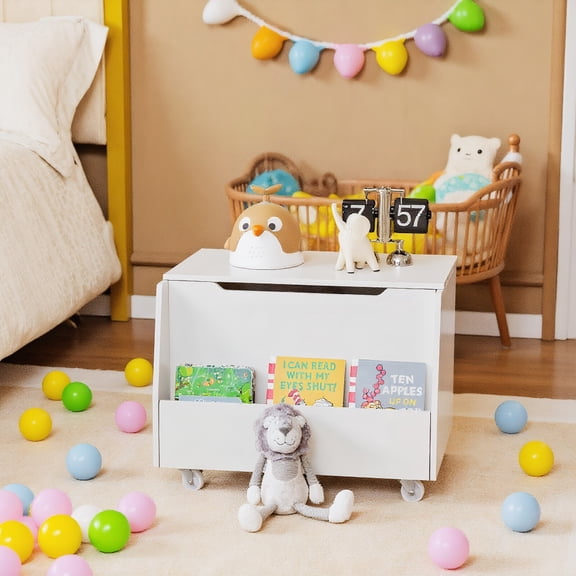 Resenkos Wooden Mobile Toy Storage Organizer with Bookshelf and Lockable Wheels-White, Kids Toy Storage for Kids, Boys, Girls, Nursery