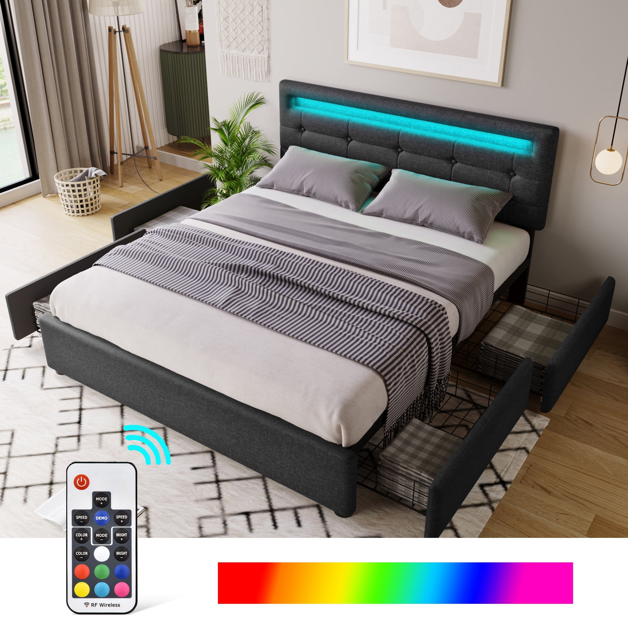 Resenkos Wooden Queen Size Platform Bed Frame with 4 Drawer, Modern Upholstered Headboard with LED Lights , Grey