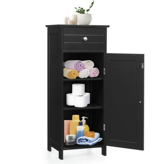 Resenkos Wooden Storage Free-Standing Floor Cabinet with Drawer and Shelf-Black, Bathroom Cabinets for Entryway Storage, Home Office Furniture