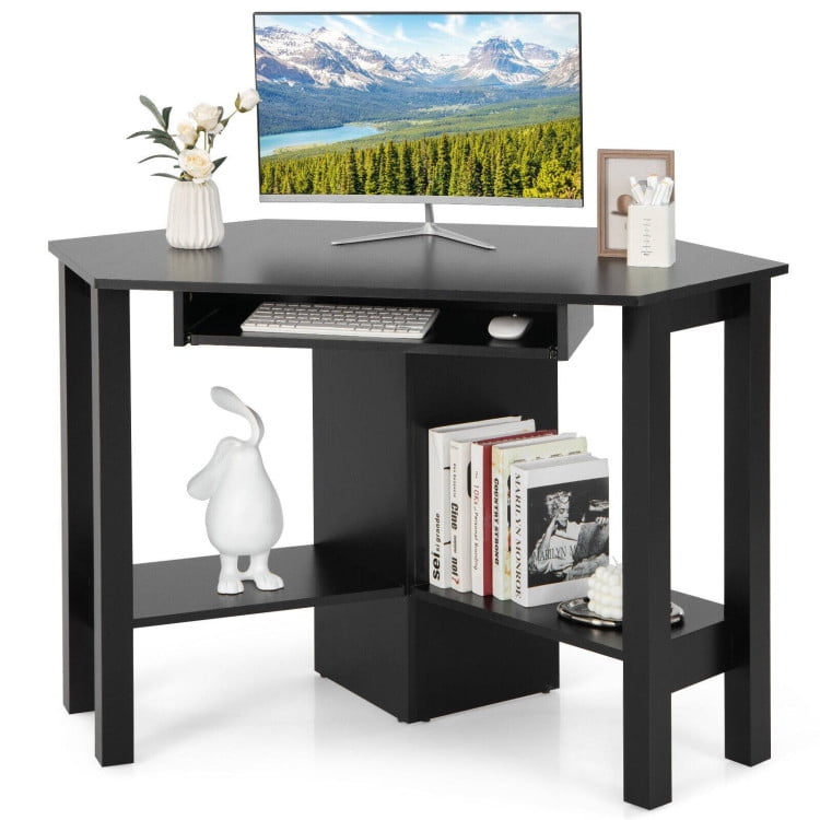 Black Wooden Corner Desk with Drawer and Keyboard Tray