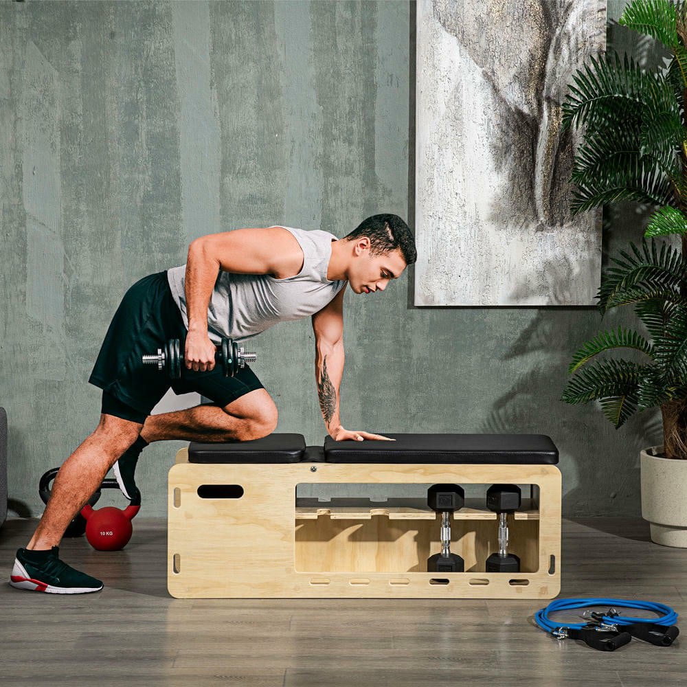 Resenkos Wooden Workout Bench with Dumbbell Rack & Resistance Bands, Adjustable Incline Weight Bench, for Home Gym, Stable