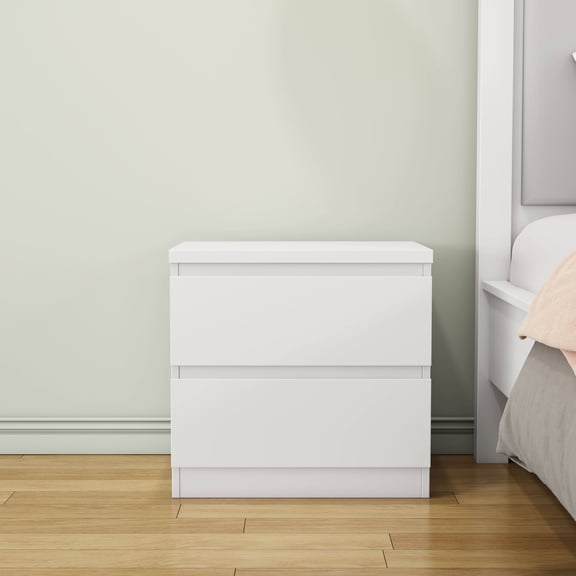 Resenkos 19.7 Inch Touch-Free Simplistic Bedside Cabinet with Dual Drawers, Reinforced Panel Manufactured Wood End Table, Concealed Organizer Side Cupboard for Bedroom Living Area, White
