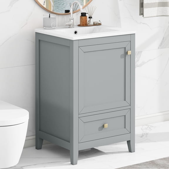 Resenkos 20 Inch Bathroom Vanity with Porcelain Basin, Quiet Closing Door Storage Cupboard with Storage Racks and Drawer for Tiny Bathrooms, Gray