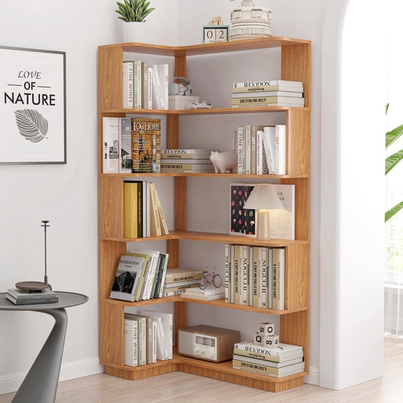 Resenkos 5 Layer Corner Free Standing Bookcase, 90cm Extended MDF Wood Storage Rack with Waterproof Surface, Multi Scene Household Furniture for Office, Cloakroom, Dark Oak