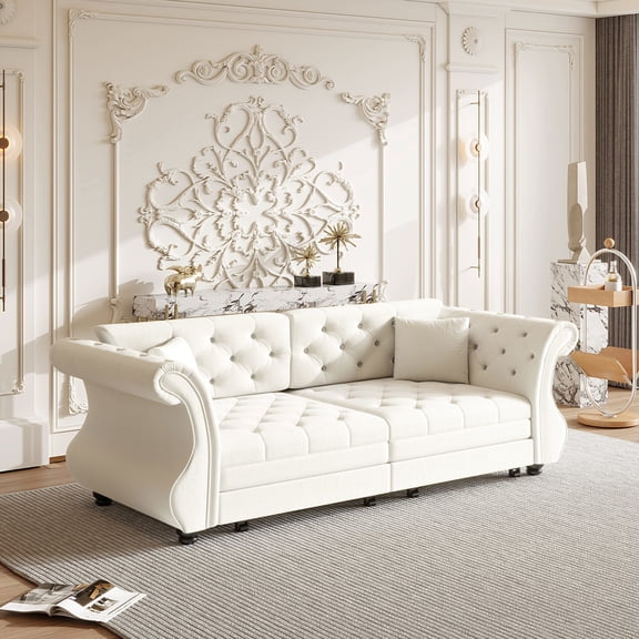 Resenkos 83.8" Extra Large Chesterfield Extendable Sleeper Sofa, Plush Velvet Transformable Sofa with Floral Button Detailing Round Arms for Studio, Family Room, Beige
