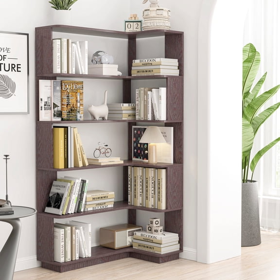 Resenkos 90cm Free Standing Corner Bookcase, Open Storage Exhibit Cupboard with Reinforced Base and Safety Anti Tip Kit, Stable MDF Furniture with 3D Wood Texture for Family Room, Blood Red