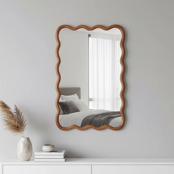 Resenkos Asymmetrical Curved Rectangle Wood Mirror, Crisp Reflection Home Wall Decor for Entryway, Living Room, Bathroom & Guest Bedroom, Yellowish Brown