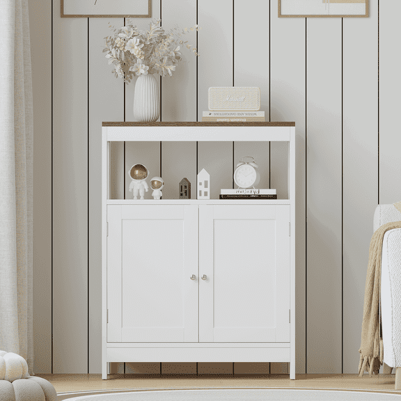 Resenkos Contemporary Versatile Storage Cupboard with Dual Panels & Solid Wood Surface, Free Standing Customizable Shelf Unit for Kitchen & Entryway, White